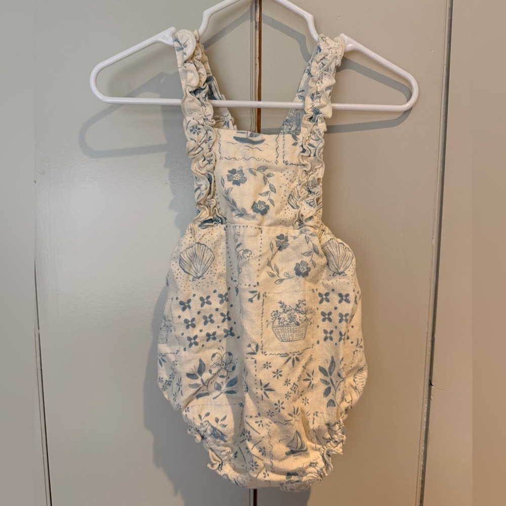 Rylee + Cru Cream and Blue Floral Bubble Overall